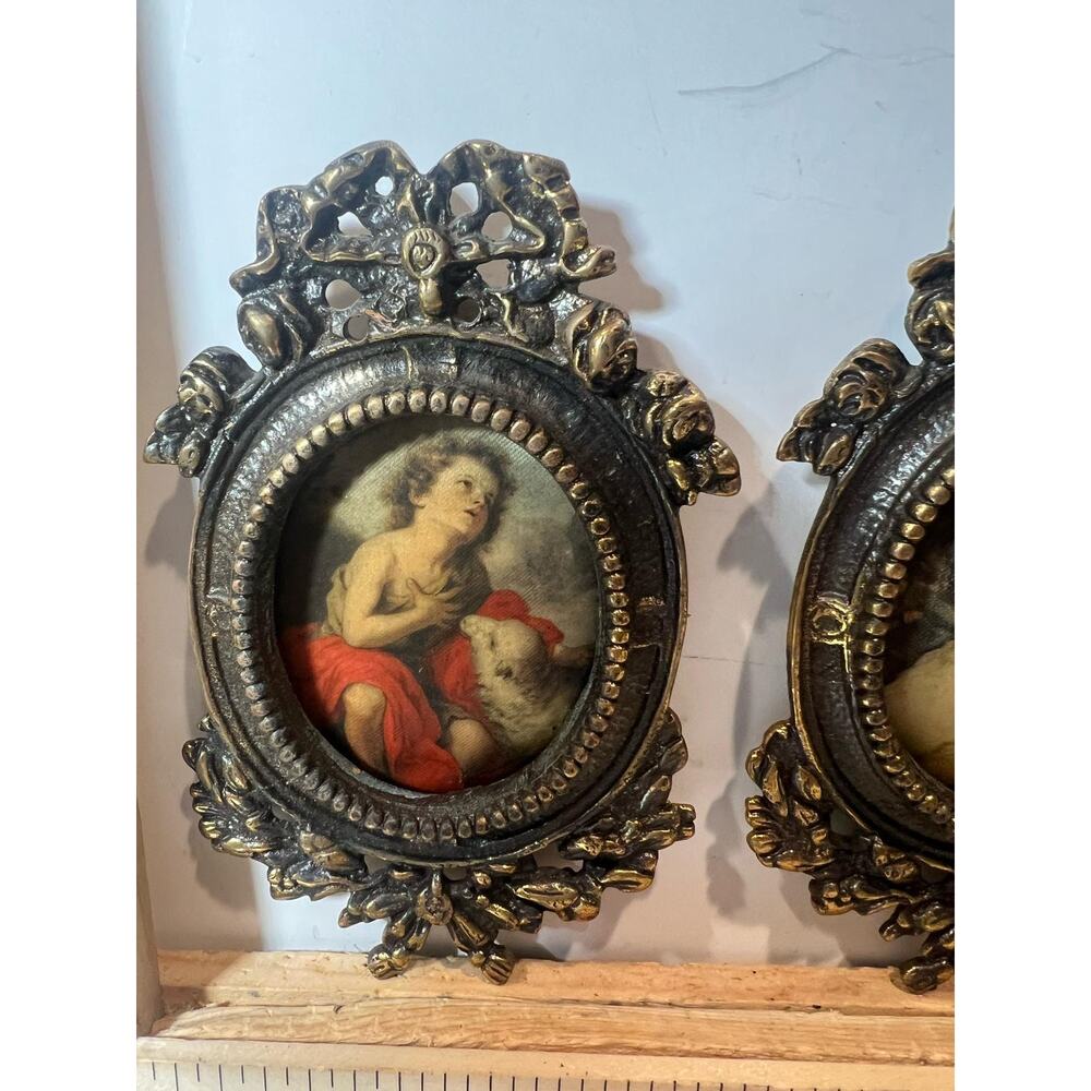 Pair Vintage Ornate Oval Cherub Frames Brass Tone Mini Wall Art Religious